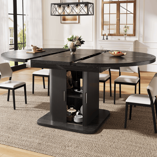 Mesa de jantar extensível 110u2013149,8 cm u2014 com arrumação, portas de correr e tampo removível u2014 Preto Mesa de jantar extensível 110u2013149,8 cm u2014 com arrumação, portas de correr e tampo removível u2014 Preto