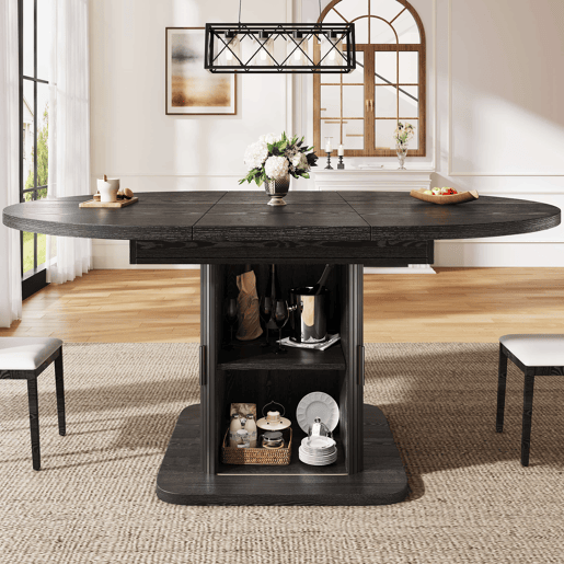 Mesa de jantar extensível 110u2013149,8 cm u2014 com arrumação, portas de correr e tampo removível u2014 Preto Mesa de jantar extensível 110u2013149,8 cm u2014 com arrumação, portas de correr e tampo removível u2014 Preto