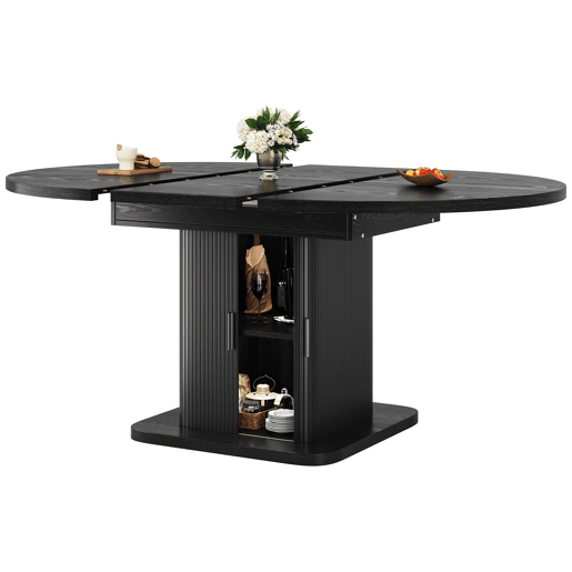 Mesa de jantar extensível 110u2013149,8 cm u2014 com arrumação, portas de correr e tampo removível u2014 Preto Mesa de jantar extensível 110u2013149,8 cm u2014 com arrumação, portas de correr e tampo removível u2014 Preto