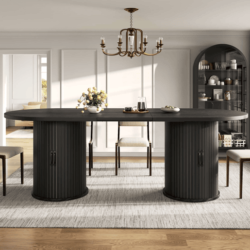 Mesa de jantar extensível 149,8-189,7 cm u2014 multifuncional, dobrável, com arrumação oculta e pegas metálicas u2014 Preto Mesa de jantar extensível 149,8-189,7 cm u2014 multifuncional, dobrável, com arrumação oculta e pegas metálicas u2014 Preto