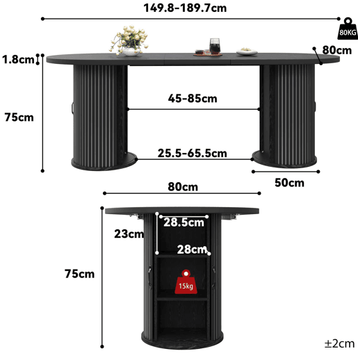 Mesa de jantar extensível 149,8-189,7 cm u2014 multifuncional, dobrável, com arrumação oculta e pegas metálicas u2014 Preto Mesa de jantar extensível 149,8-189,7 cm u2014 multifuncional, dobrável, com arrumação oculta e pegas metálicas u2014 Preto