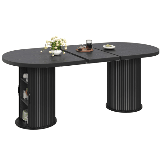 Mesa de jantar extensível 149,8-189,7 cm u2014 multifuncional, dobrável, com arrumação oculta e pegas metálicas u2014 Preto Mesa de jantar extensível 149,8-189,7 cm u2014 multifuncional, dobrável, com arrumação oculta e pegas metálicas u2014 Preto