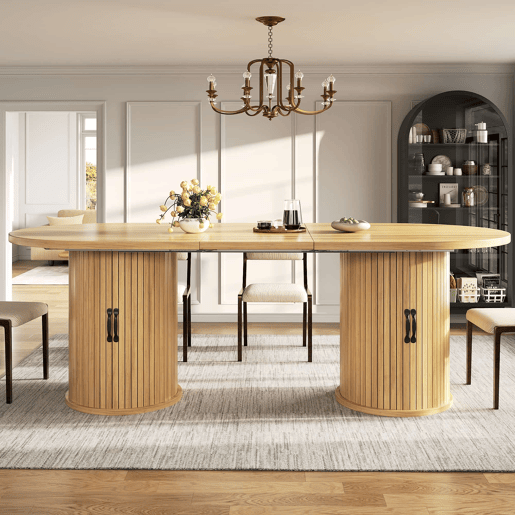 Mesa de jantar extensível 149,8-189,7 cm u2014 multifuncional, com arrumação oculta e puxadores metálicos, ideal para espaços pequenos u2014 Natural