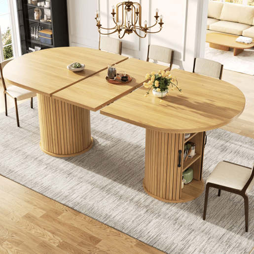 Mesa de jantar extensível 149,8-189,7 cm u2014 multifuncional, com arrumação oculta e puxadores metálicos, ideal para espaços pequenos u2014 Natural