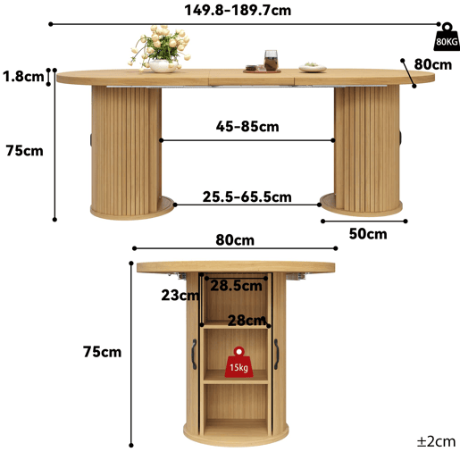Mesa de jantar extensível 149,8-189,7 cm u2014 multifuncional, com arrumação oculta e puxadores metálicos, ideal para espaços pequenos u2014 Natural