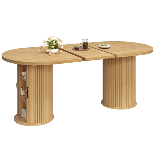 Mesa de jantar extensível 149,8-189,7 cm u2014 multifuncional, com arrumação oculta e puxadores metálicos, ideal para espaços pequenos u2014 Natural