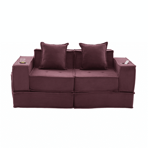 Sofá-cama duplo de 2 lugares u2014 com almofadas, otomana com espaço de arrumação e porta-copos, ideal para leitura e sala de jogos, tecido de veludo cotelê u2014 vermelho vinho Sofá-cama duplo de 2 lugares u2014 com almofadas, otomana com espaço de arrumação e porta-copos, ideal para leitura e sala de jogos, tecido de veludo cotelê u2014 vermelho vinho