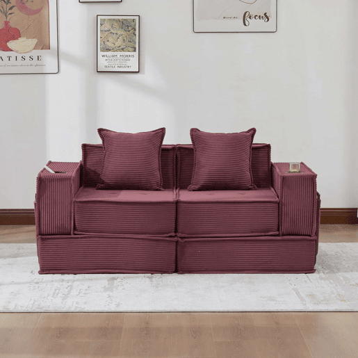 Sofá-cama duplo de 2 lugares u2014 com almofadas, otomana com espaço de arrumação e porta-copos, ideal para leitura e sala de jogos, tecido de veludo cotelê u2014 vermelho vinho Sofá-cama duplo de 2 lugares u2014 com almofadas, otomana com espaço de arrumação e porta-copos, ideal para leitura e sala de jogos, tecido de veludo cotelê u2014 vermelho vinho
