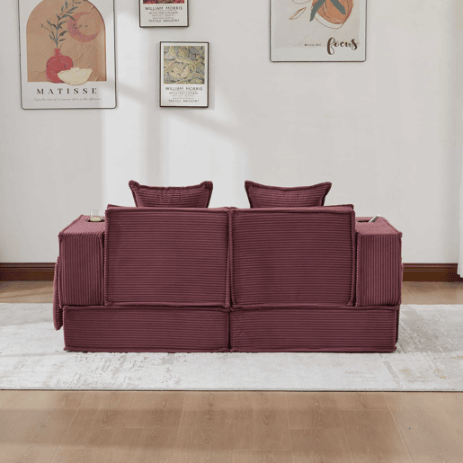 Sofá-cama duplo de 2 lugares u2014 com almofadas, otomana com espaço de arrumação e porta-copos, ideal para leitura e sala de jogos, tecido de veludo cotelê u2014 vermelho vinho Sofá-cama duplo de 2 lugares u2014 com almofadas, otomana com espaço de arrumação e porta-copos, ideal para leitura e sala de jogos, tecido de veludo cotelê u2014 vermelho vinho