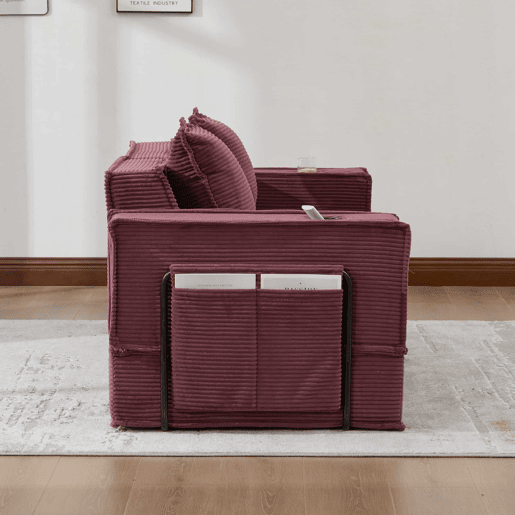 Sofá-cama duplo de 2 lugares u2014 com almofadas, otomana com espaço de arrumação e porta-copos, ideal para leitura e sala de jogos, tecido de veludo cotelê u2014 vermelho vinho Sofá-cama duplo de 2 lugares u2014 com almofadas, otomana com espaço de arrumação e porta-copos, ideal para leitura e sala de jogos, tecido de veludo cotelê u2014 vermelho vinho
