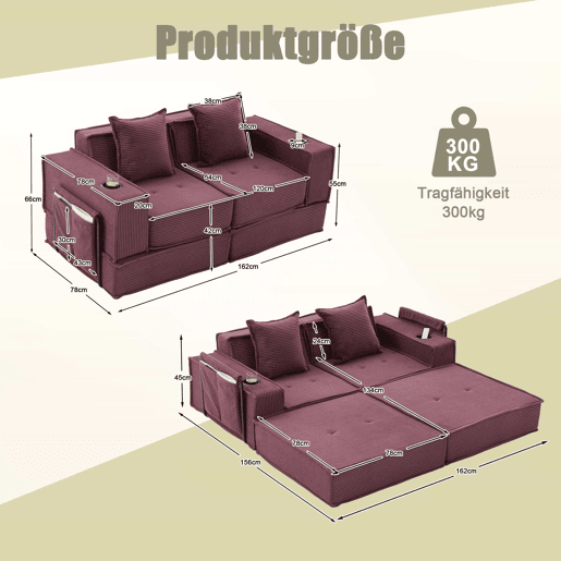 Sofá-cama duplo de 2 lugares u2014 com almofadas, otomana com espaço de arrumação e porta-copos, ideal para leitura e sala de jogos, tecido de veludo cotelê u2014 vermelho vinho Sofá-cama duplo de 2 lugares u2014 com almofadas, otomana com espaço de arrumação e porta-copos, ideal para leitura e sala de jogos, tecido de veludo cotelê u2014 vermelho vinho