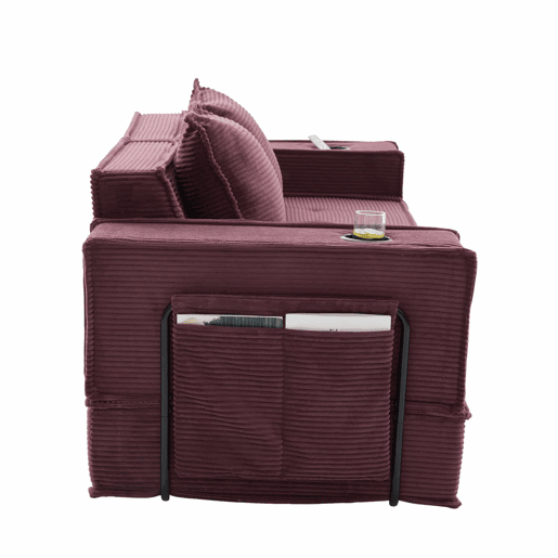 Sofá-cama duplo de 2 lugares u2014 com almofadas, otomana com espaço de arrumação e porta-copos, ideal para leitura e sala de jogos, tecido de veludo cotelê u2014 vermelho vinho Sofá-cama duplo de 2 lugares u2014 com almofadas, otomana com espaço de arrumação e porta-copos, ideal para leitura e sala de jogos, tecido de veludo cotelê u2014 vermelho vinho