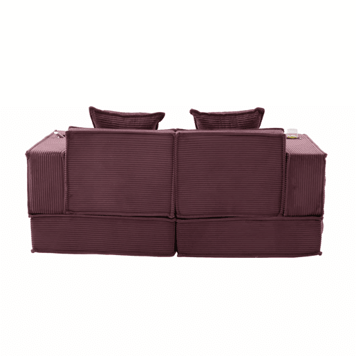 Sofá-cama duplo de 2 lugares u2014 com almofadas, otomana com espaço de arrumação e porta-copos, ideal para leitura e sala de jogos, tecido de veludo cotelê u2014 vermelho vinho Sofá-cama duplo de 2 lugares u2014 com almofadas, otomana com espaço de arrumação e porta-copos, ideal para leitura e sala de jogos, tecido de veludo cotelê u2014 vermelho vinho