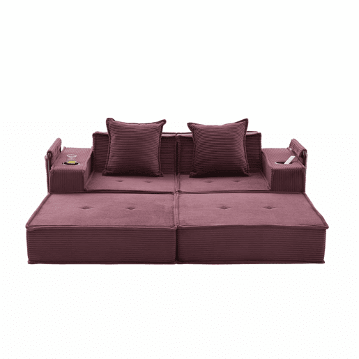 Sofá-cama duplo de 2 lugares u2014 com almofadas, otomana com espaço de arrumação e porta-copos, ideal para leitura e sala de jogos, tecido de veludo cotelê u2014 vermelho vinho Sofá-cama duplo de 2 lugares u2014 com almofadas, otomana com espaço de arrumação e porta-copos, ideal para leitura e sala de jogos, tecido de veludo cotelê u2014 vermelho vinho