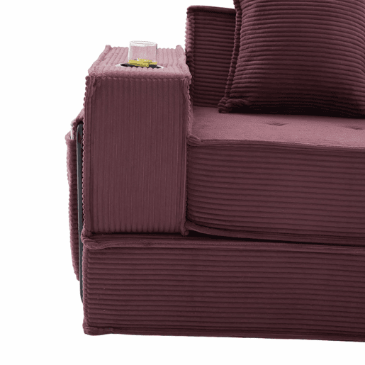 Sofá-cama duplo de 2 lugares u2014 com almofadas, otomana com espaço de arrumação e porta-copos, ideal para leitura e sala de jogos, tecido de veludo cotelê u2014 vermelho vinho Sofá-cama duplo de 2 lugares u2014 com almofadas, otomana com espaço de arrumação e porta-copos, ideal para leitura e sala de jogos, tecido de veludo cotelê u2014 vermelho vinho