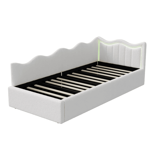 Cama Estofada Hidráulica 90x200 cm | Sofá-Cama de Dia com LED | Cama Individual Juvenil com Arrumação | Estrutura em Veludo, Branco Cama Estofada Hidráulica 90x200 cm | Sofá-Cama de Dia com LED | Cama Individual Juvenil com Arrumação | Estrutura em Veludo, Branco