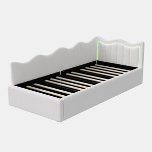 Cama Estofada Hidráulica 90x200 cm | Sofá-Cama de Dia com LED | Cama Individual Juvenil com Arrumação | Estrutura em Veludo, Branco