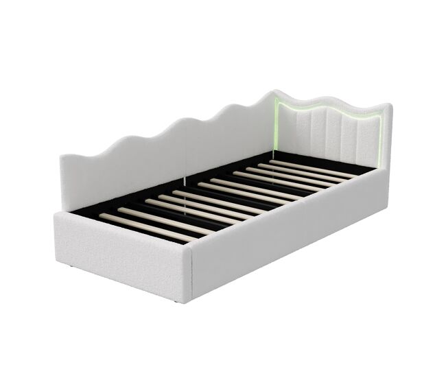 Cama hidráulica tapizada de 90 x 200 cm | sofá cama de día con led | cama individual juvenil con almacenaje | estructura de terciopelo, blanco