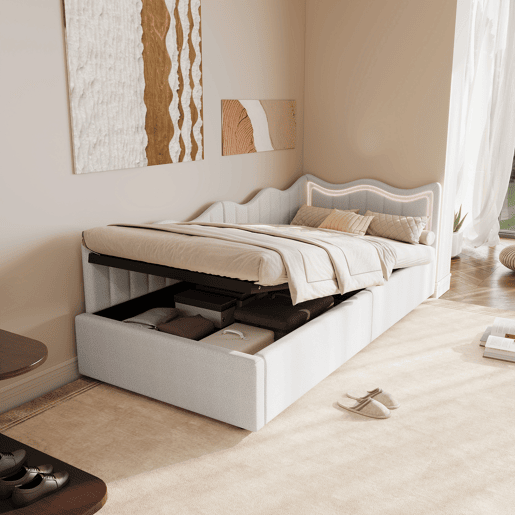 Cama Estofada Hidráulica 90x200 cm | Sofá-Cama de Dia com LED | Cama Individual Juvenil com Arrumação | Estrutura em Veludo, Branco Cama Estofada Hidráulica 90x200 cm | Sofá-Cama de Dia com LED | Cama Individual Juvenil com Arrumação | Estrutura em Veludo, Branco