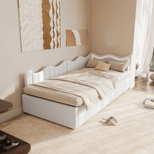 Cama Estofada Hidráulica 90x200 cm | Sofá-Cama de Dia com LED | Cama Individual Juvenil com Arrumação | Estrutura em Veludo, Branco Cama Estofada Hidráulica 90x200 cm | Sofá-Cama de Dia com LED | Cama Individual Juvenil com Arrumação | Estrutura em Veludo, Branco