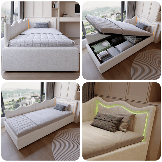 Cama Estofada Hidráulica 90x200 cm | Sofá-Cama de Dia com LED | Cama Individual Juvenil com Arrumação | Estrutura em Veludo, Branco Cama Estofada Hidráulica 90x200 cm | Sofá-Cama de Dia com LED | Cama Individual Juvenil com Arrumação | Estrutura em Veludo, Branco