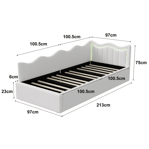 Cama Estofada Hidráulica 90x200 cm | Sofá-Cama de Dia com LED | Cama Individual Juvenil com Arrumação | Estrutura em Veludo, Branco Cama Estofada Hidráulica 90x200 cm | Sofá-Cama de Dia com LED | Cama Individual Juvenil com Arrumação | Estrutura em Veludo, Branco