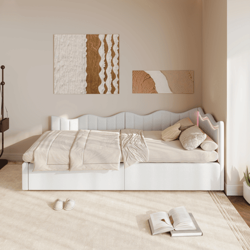 Cama Estofada Hidráulica 90x200 cm | Sofá-Cama de Dia com LED | Cama Individual Juvenil com Arrumação | Estrutura em Veludo, Branco Cama Estofada Hidráulica 90x200 cm | Sofá-Cama de Dia com LED | Cama Individual Juvenil com Arrumação | Estrutura em Veludo, Branco