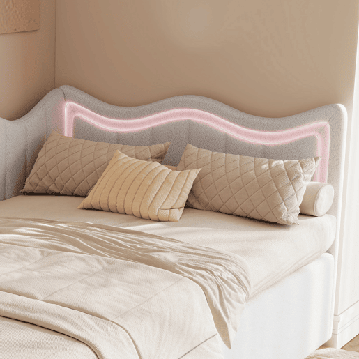 Cama Estofada Hidráulica 90x200 cm | Sofá-Cama de Dia com LED | Cama Individual Juvenil com Arrumação | Estrutura em Veludo, Branco Cama Estofada Hidráulica 90x200 cm | Sofá-Cama de Dia com LED | Cama Individual Juvenil com Arrumação | Estrutura em Veludo, Branco