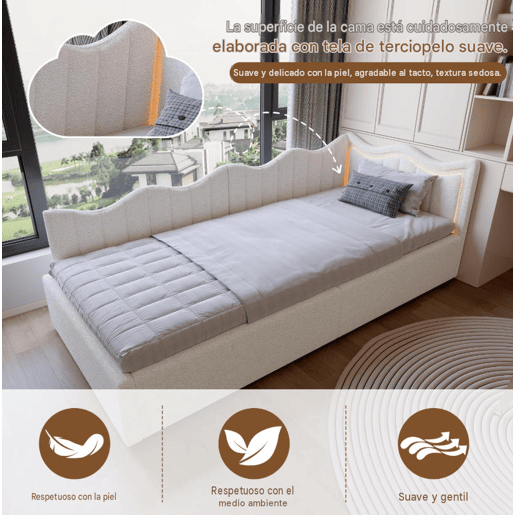 Cama Estofada Hidráulica 90x200 cm | Sofá-Cama de Dia com LED | Cama Individual Juvenil com Arrumação | Estrutura em Veludo, Branco Cama Estofada Hidráulica 90x200 cm | Sofá-Cama de Dia com LED | Cama Individual Juvenil com Arrumação | Estrutura em Veludo, Branco
