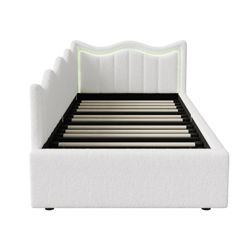 Cama Estofada Hidráulica 90x200 cm | Sofá-Cama de Dia com LED | Cama Individual Juvenil com Arrumação | Estrutura em Veludo, Branco Cama Estofada Hidráulica 90x200 cm | Sofá-Cama de Dia com LED | Cama Individual Juvenil com Arrumação | Estrutura em Veludo, Branco