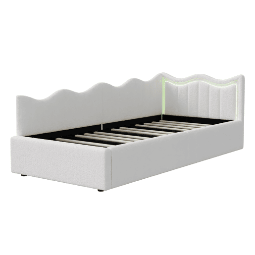Cama Estofada Hidráulica 90x200 cm | Sofá-Cama de Dia com LED | Cama Individual Juvenil com Arrumação | Estrutura em Veludo, Branco Cama Estofada Hidráulica 90x200 cm | Sofá-Cama de Dia com LED | Cama Individual Juvenil com Arrumação | Estrutura em Veludo, Branco