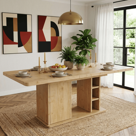 Mesa de jantar extensível 140180 x 80 cm u2013 para 6 a 8 pessoas, com espaço de arrumação, tampo grosso, estilo nórdico u2013 cor carvalho