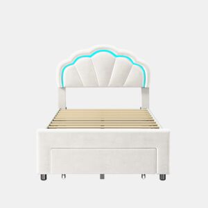 Cama 90 x 200 cm, LED, estrado rebatível, cabeceira regulável em altura, branca