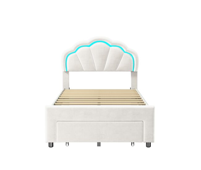 Cama de 90 x 200 cm, led, canapé abatible, cabecero regulable en altura, color blanco