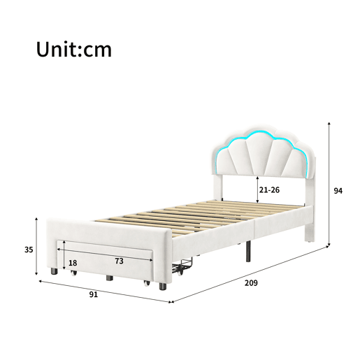 Cama 90 x 200 cm, LED, estrado rebatível, cabeceira regulável em altura, branca Cama 90 x 200 cm, LED, estrado rebatível, cabeceira regulável em altura, branca