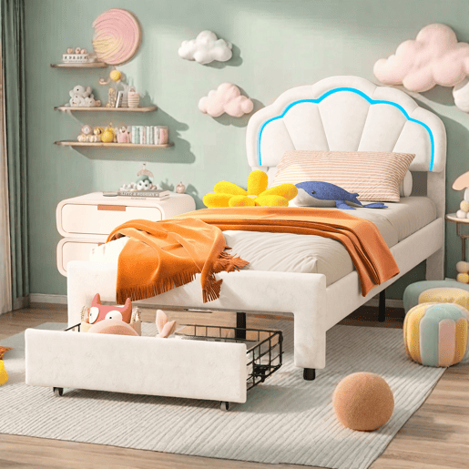 Cama 90 x 200 cm, LED, estrado rebatível, cabeceira regulável em altura, branca Cama 90 x 200 cm, LED, estrado rebatível, cabeceira regulável em altura, branca
