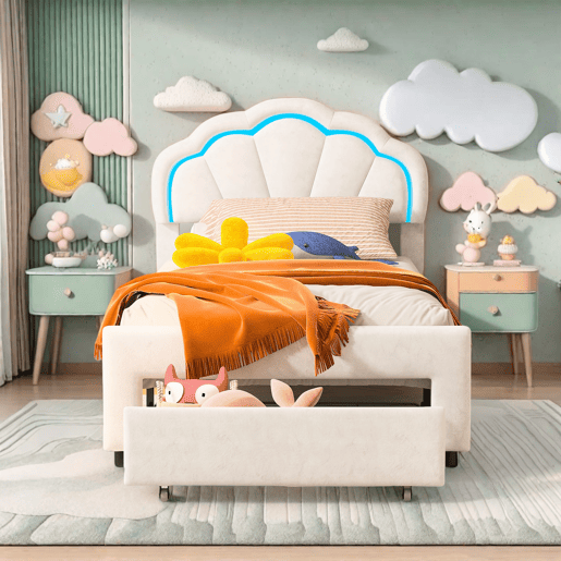 Cama 90 x 200 cm, LED, estrado rebatível, cabeceira regulável em altura, branca Cama 90 x 200 cm, LED, estrado rebatível, cabeceira regulável em altura, branca