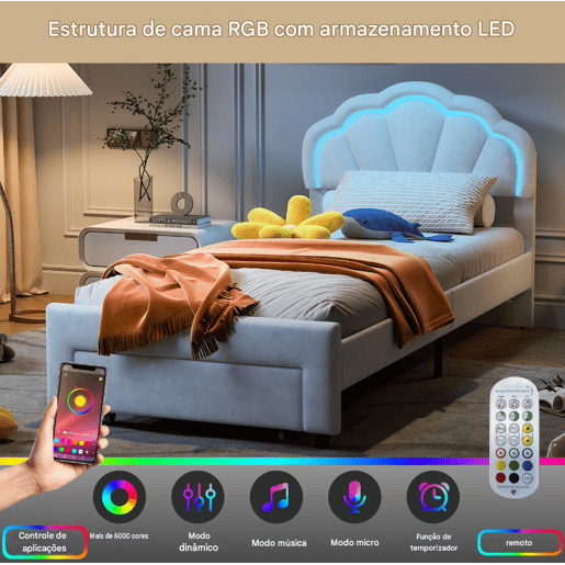 Cama 90 x 200 cm, LED, estrado rebatível, cabeceira regulável em altura, branca Cama 90 x 200 cm, LED, estrado rebatível, cabeceira regulável em altura, branca