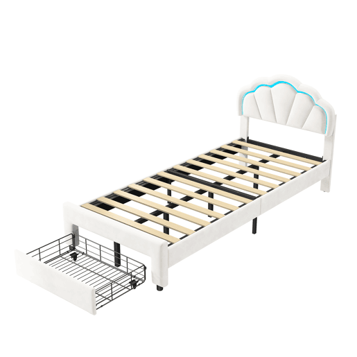 Cama 90 x 200 cm, LED, estrado rebatível, cabeceira regulável em altura, branca Cama 90 x 200 cm, LED, estrado rebatível, cabeceira regulável em altura, branca