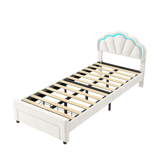 Cama 90 x 200 cm, LED, estrado rebatível, cabeceira regulável em altura, branca Cama 90 x 200 cm, LED, estrado rebatível, cabeceira regulável em altura, branca