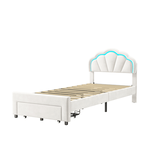 Cama 90 x 200 cm, LED, estrado rebatível, cabeceira regulável em altura, branca Cama 90 x 200 cm, LED, estrado rebatível, cabeceira regulável em altura, branca
