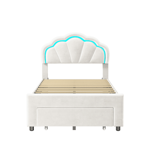 Cama 90 x 200 cm, LED, estrado rebatível, cabeceira regulável em altura, branca Cama 90 x 200 cm, LED, estrado rebatível, cabeceira regulável em altura, branca