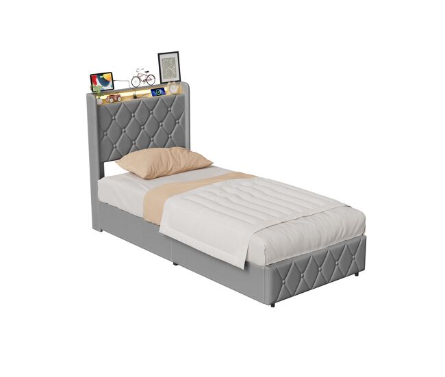Cama tapizada de 90x200 cm con cajón de almacenamiento, cama de terciopelo con sistema hidráulico, iluminación led, puerto de carga usb y tipo c,