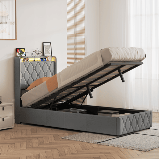 Cama estofada de 90x200 cm com baú, cama de veludo com sistema hidráulico, iluminação LED, porta de carregamento USB e Tipo-C, estrado de ripas, cinza. Cama estofada de 90x200 cm com baú, cama de veludo com sistema hidráulico, iluminação LED, porta de carregamento USB e Tipo-C, estrado de ripas, cinza.
