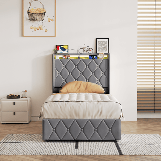 Cama estofada de 90x200 cm com baú, cama de veludo com sistema hidráulico, iluminação LED, porta de carregamento USB e Tipo-C, estrado de ripas, cinza. Cama estofada de 90x200 cm com baú, cama de veludo com sistema hidráulico, iluminação LED, porta de carregamento USB e Tipo-C, estrado de ripas, cinza.