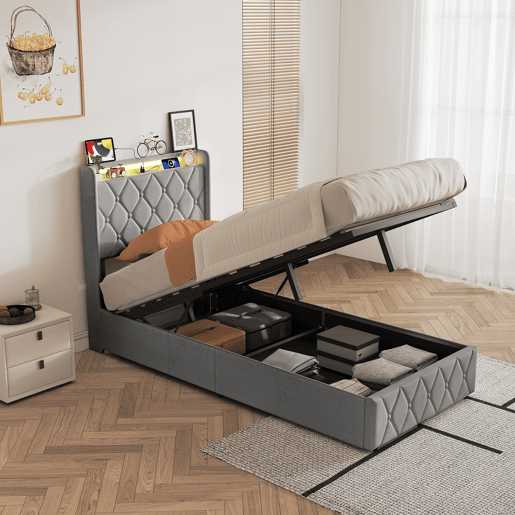 Cama estofada de 90x200 cm com baú, cama de veludo com sistema hidráulico, iluminação LED, porta de carregamento USB e Tipo-C, estrado de ripas, cinza. Cama estofada de 90x200 cm com baú, cama de veludo com sistema hidráulico, iluminação LED, porta de carregamento USB e Tipo-C, estrado de ripas, cinza.
