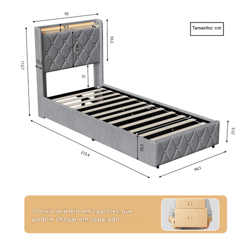 Cama estofada de 90x200 cm com baú, cama de veludo com sistema hidráulico, iluminação LED, porta de carregamento USB e Tipo-C, estrado de ripas, cinza. Cama estofada de 90x200 cm com baú, cama de veludo com sistema hidráulico, iluminação LED, porta de carregamento USB e Tipo-C, estrado de ripas, cinza.