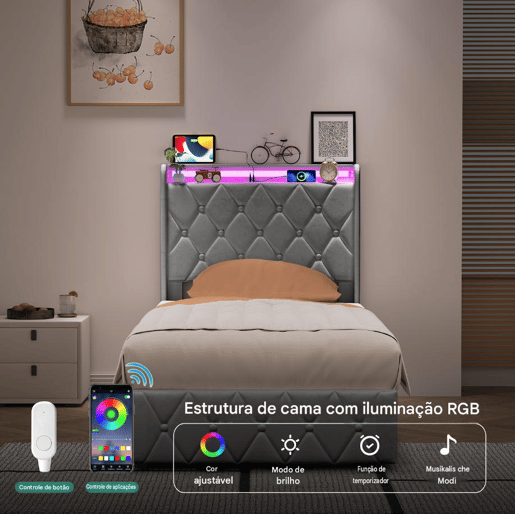 Cama estofada de 90x200 cm com baú, cama de veludo com sistema hidráulico, iluminação LED, porta de carregamento USB e Tipo-C, estrado de ripas, cinza. Cama estofada de 90x200 cm com baú, cama de veludo com sistema hidráulico, iluminação LED, porta de carregamento USB e Tipo-C, estrado de ripas, cinza.
