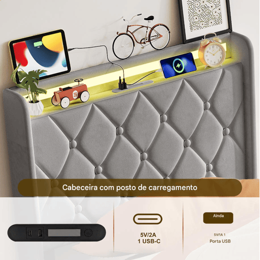 Cama estofada de 90x200 cm com baú, cama de veludo com sistema hidráulico, iluminação LED, porta de carregamento USB e Tipo-C, estrado de ripas, cinza. Cama estofada de 90x200 cm com baú, cama de veludo com sistema hidráulico, iluminação LED, porta de carregamento USB e Tipo-C, estrado de ripas, cinza.