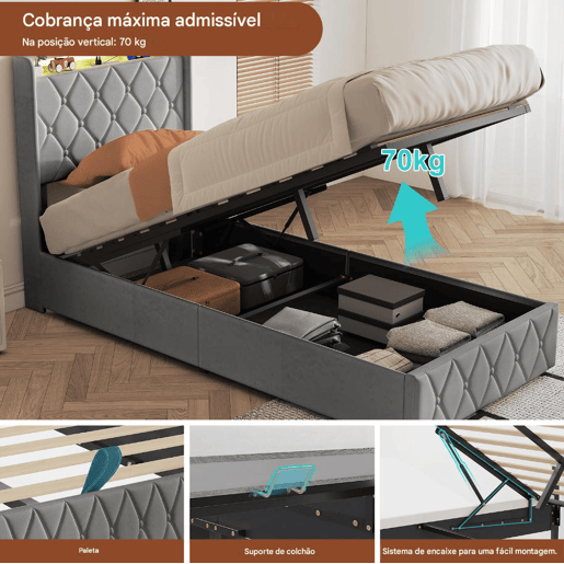 Cama estofada de 90x200 cm com baú, cama de veludo com sistema hidráulico, iluminação LED, porta de carregamento USB e Tipo-C, estrado de ripas, cinza. Cama estofada de 90x200 cm com baú, cama de veludo com sistema hidráulico, iluminação LED, porta de carregamento USB e Tipo-C, estrado de ripas, cinza.